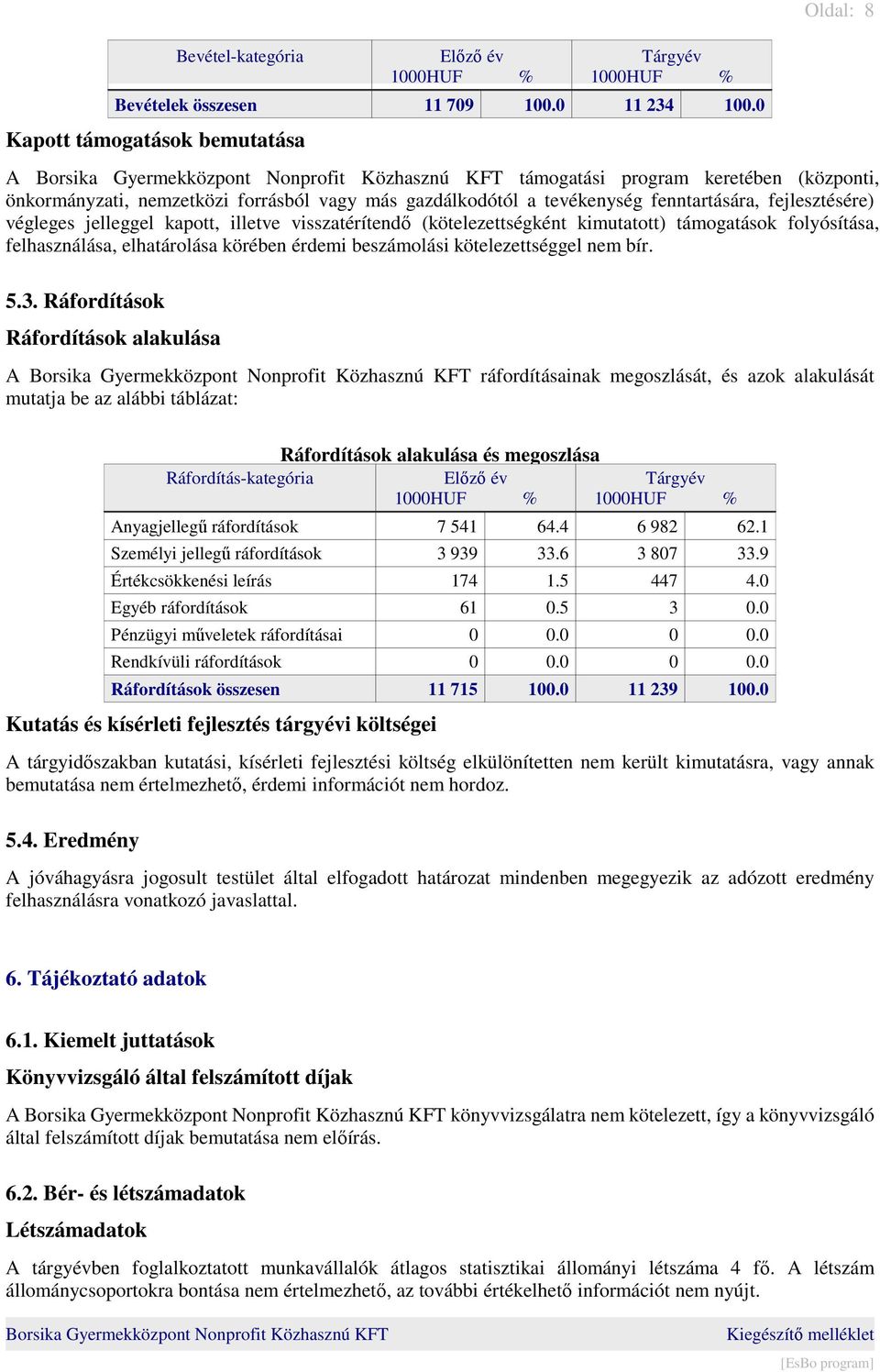 jelleggel kapott, illetve visszatérítendő (kötelezettségként kimutatott) támogatások folyósítása, felhasználása, elhatárolása körében érdemi beszámolási kötelezettséggel nem bír. 5.3.