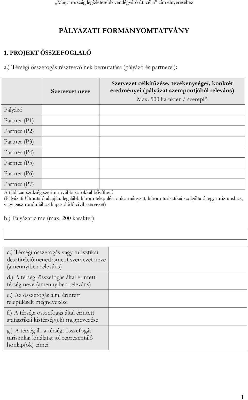 500 karakter / szereplő Pályázó Partner (P1) Partner (P2) Partner (P3) Partner (P4) Partner (P5) Partner (P6) Partner (P7) A táblázat szükség szerint további sorokkal bővíthető (Pályázati Útmutató