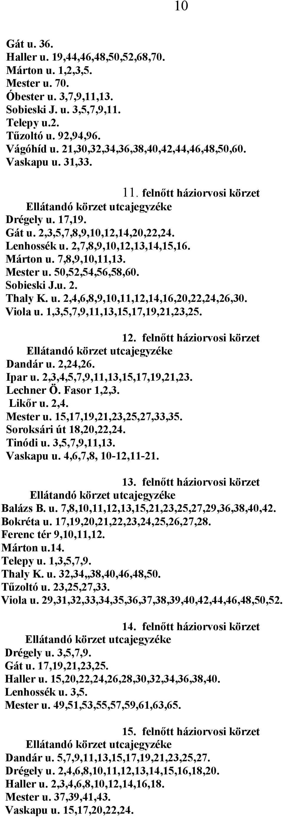 7,8,9,10,11,13. Mester u. 50,52,54,56,58,60. Sobieski J.u. 2. Thaly K. u. 2,4,6,8,9,10,11,12,14,16,20,22,24,26,30. Viola u. 1,3,5,7,9,11,13,15,17,19,21,23,25. 12. felnőtt háziorvosi körzet Dandár u.