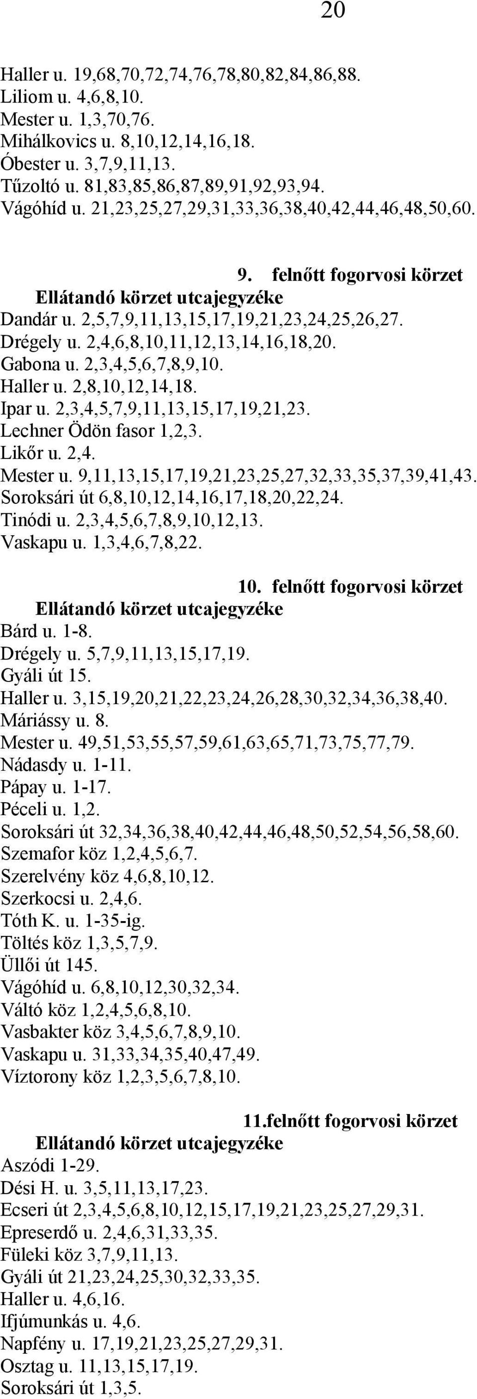 2,3,4,5,6,7,8,9,10. Haller u. 2,8,10,12,14,18. Ipar u. 2,3,4,5,7,9,11,13,15,17,19,21,23. Lechner Ödön fasor 1,2,3. Likőr u. 2,4. Mester u. 9,11,13,15,17,19,21,23,25,27,32,33,35,37,39,41,43.