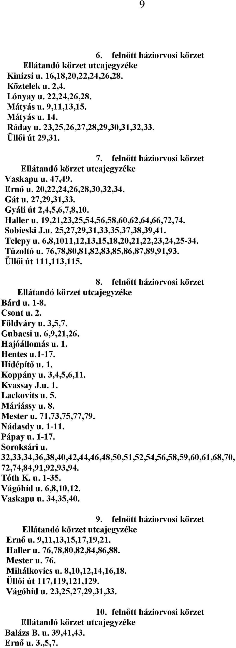 Telepy u. 6,8,1011,12,13,15,18,20,21,22,23,24,25-34. Tűzoltó u. 76,78,80,81,82,83,85,86,87,89,91,93. Üllői út 111,113,115. 8. felnőtt háziorvosi körzet Bárd u. 1-8. Csont u. 2. Földváry u. 3,5,7.