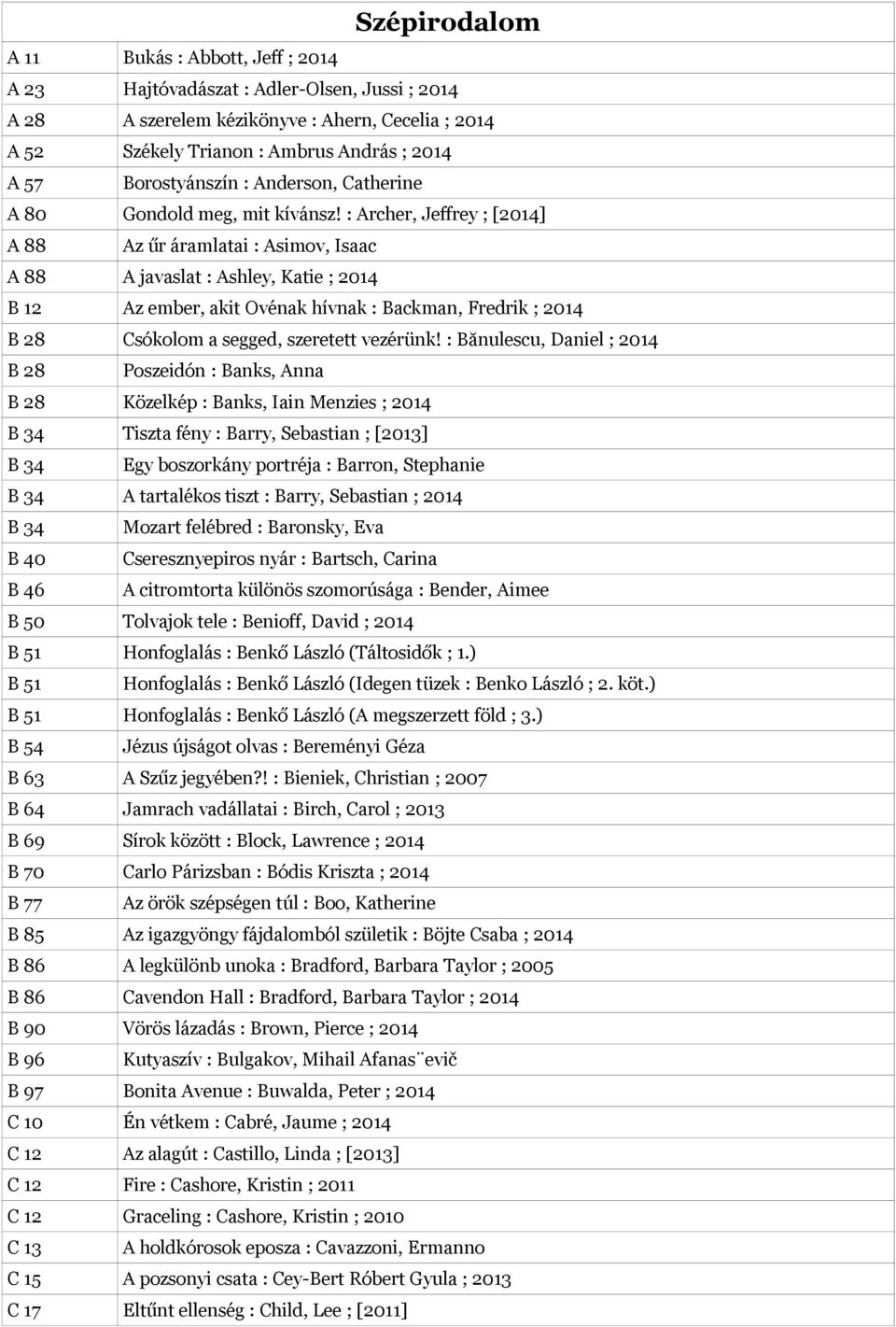 : Archer, Jeffrey ; [2014] A 88 Az űr áramlatai : Asimov, Isaac A 88 A javaslat : Ashley, Katie ; 2014 B 12 Az ember, akit Ovénak hívnak : Backman, Fredrik ; 2014 B 28 Csókolom a segged, szeretett