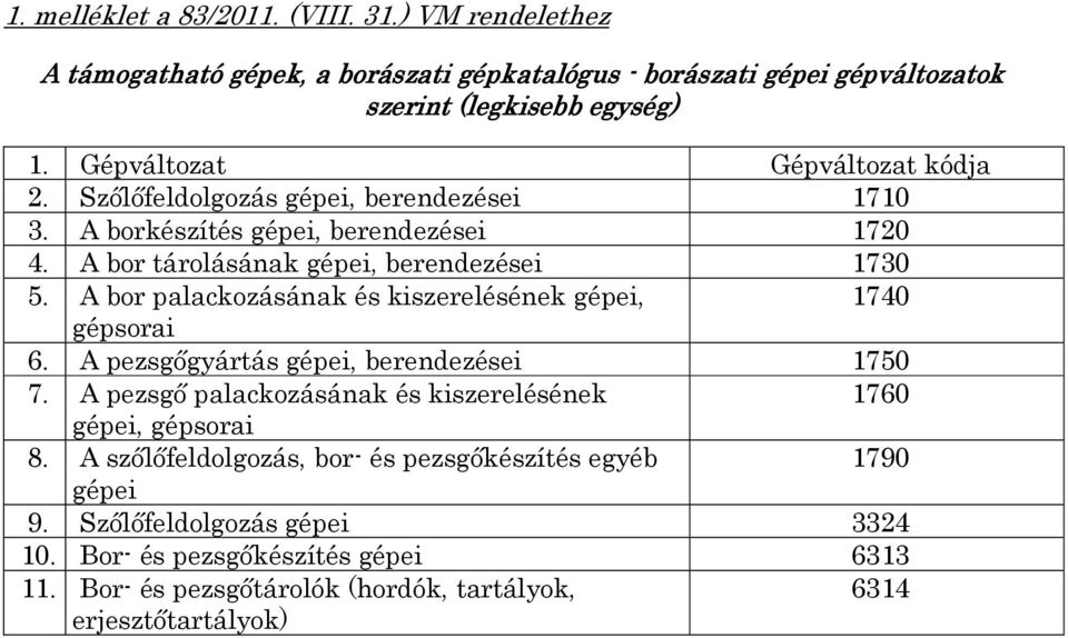 A bor palackozásának és kiszerelésének gépei, 1740 gépsorai 6. A pezsgőgyártás gépei, berendezései 1750 7. A pezsgő palackozásának és kiszerelésének 1760 gépei, gépsorai 8.