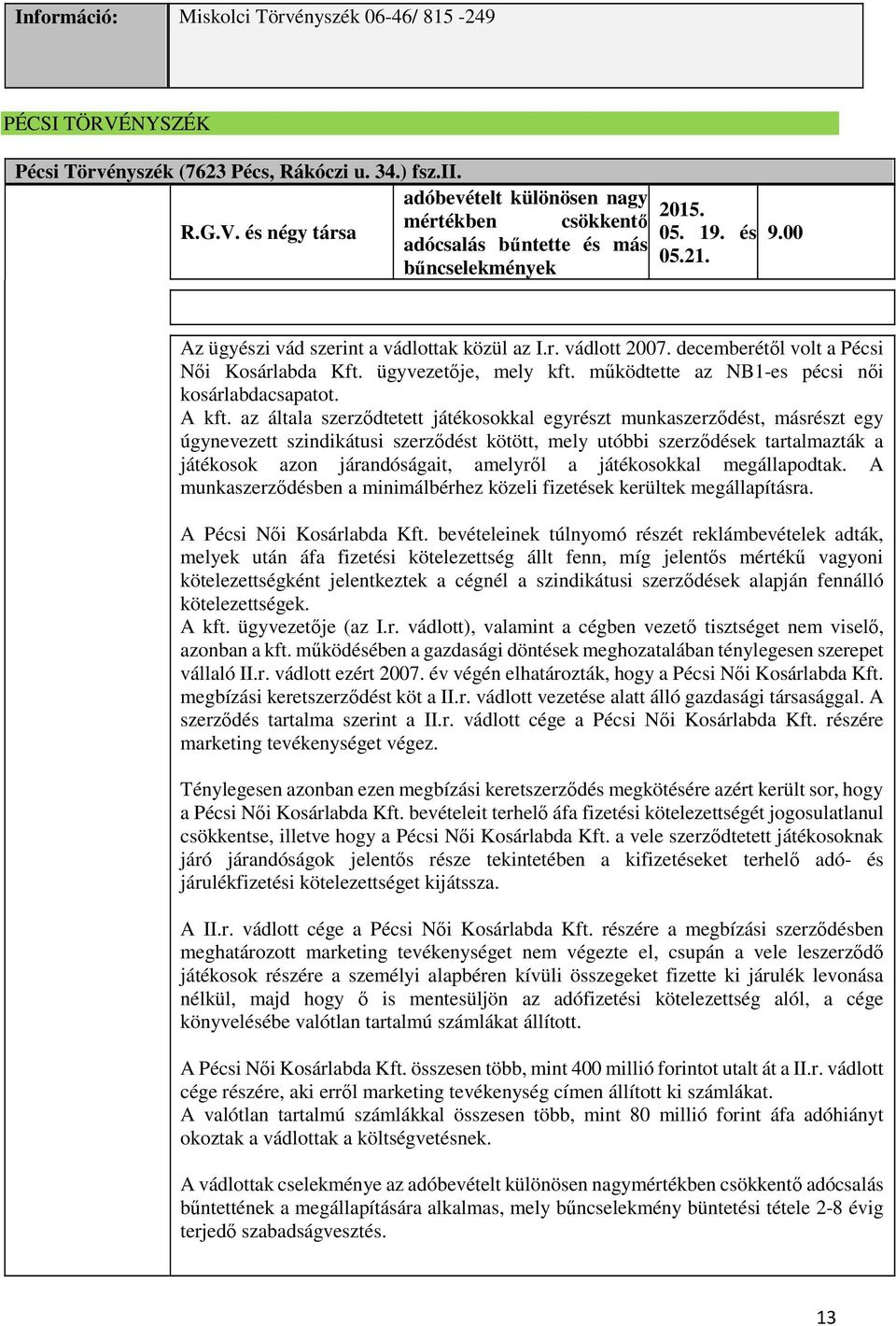 működtette az NB1-es pécsi női kosárlabdacsapatot. A kft.