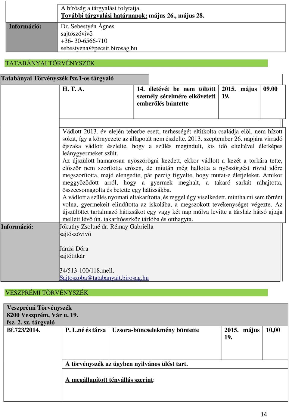 év elején teherbe esett, terhességét eltitkolta családja elől, nem hízott sokat, így a környezete az állapotát nem észlelte. 2013. szeptember 26.
