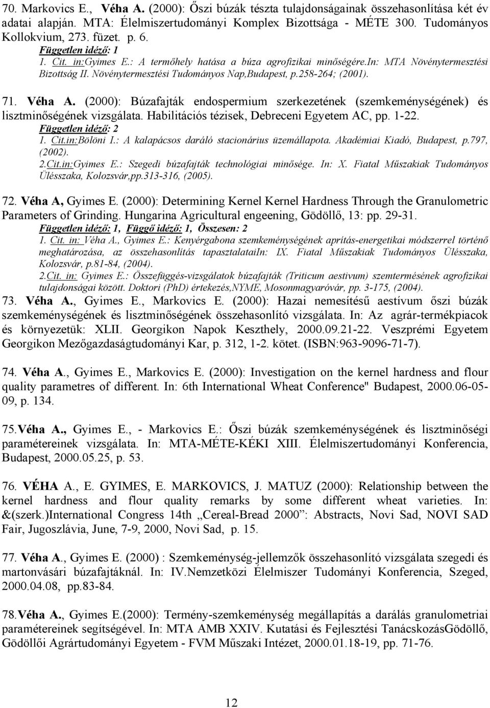 71. Véha A. (2000): Búzafajták endospermium szerkezetének (szemkeménységének) és lisztminőségének vizsgálata. Habilitációs tézisek, Debreceni Egyetem AC, pp. 1-22. Független idéző: 2 1. Cit.