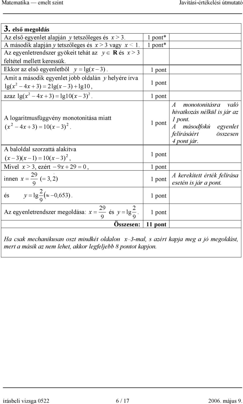 A logaritmusfüggvény monotonitása miatt ( x 4x + 3) = 10( x 3). A baloldal szorzattá alakítva ( x 3)( x 1) = 10( x 3), Mivel x > 3, ezért 9 x + 9 = 0, 9 innen x = ( = 3, ) 9 és y = lg ( 0,653).