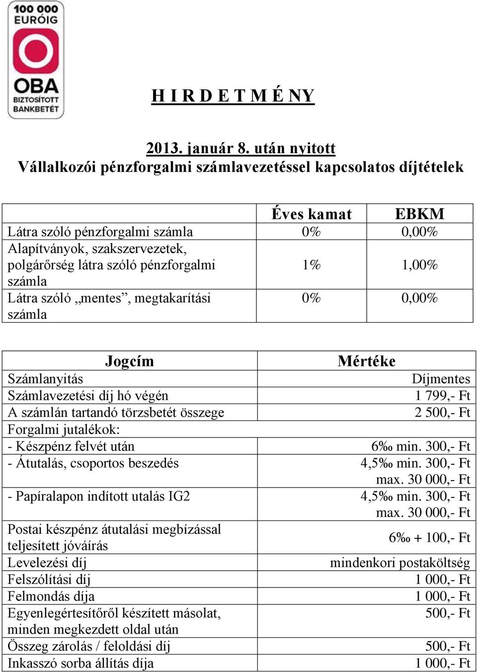 Mértéke Számlanyitás Számlavezetési díj hó végén 1 799,- Ft A számlán tartandó törzsbetét összege 2 Forgalmi jutalékok: - Készpénz felvét után 6 min.