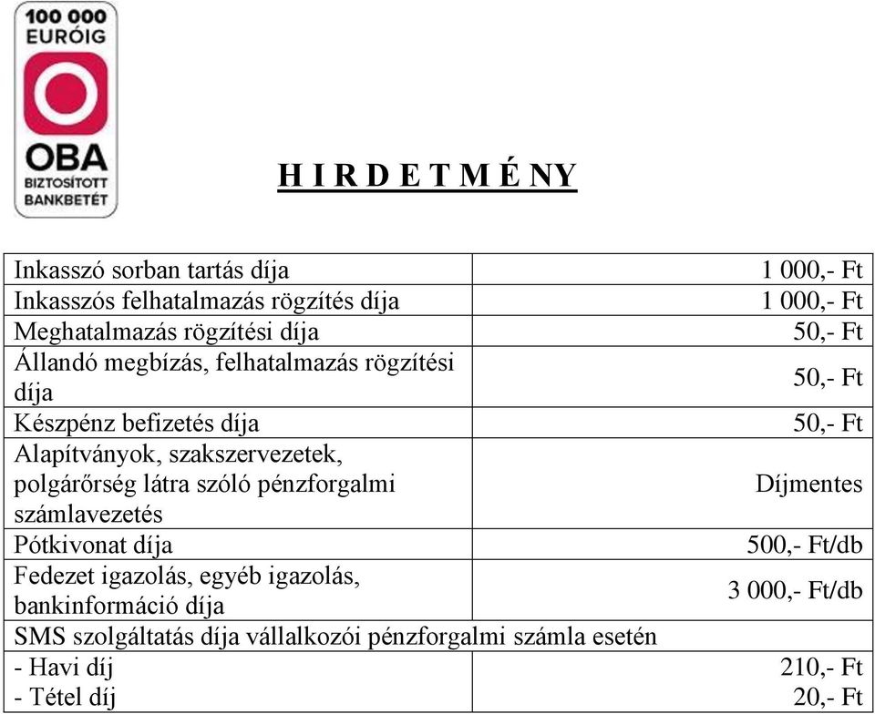 Fedezet igazolás, egyéb igazolás, bankinformáció díja SMS szolgáltatás díja vállalkozói