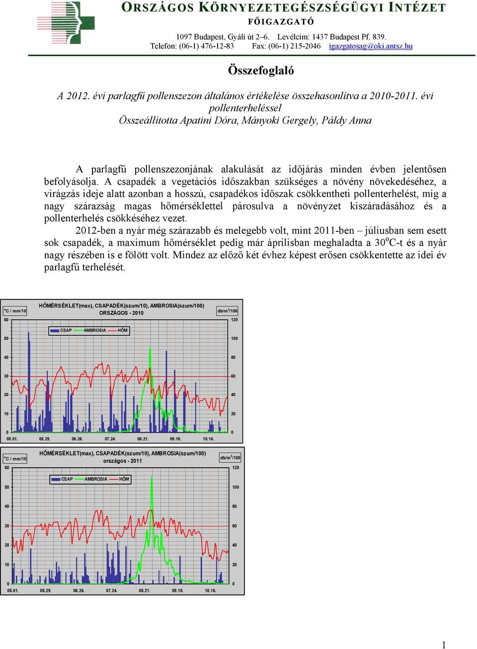 évi pollenterheléssel Összeállította Apatini Dóra, Mányoki Gergely, Páldy Anna A parlagfű pollenszezonjának alakulását az időjárás minden évben jelentősen befolyásolja.
