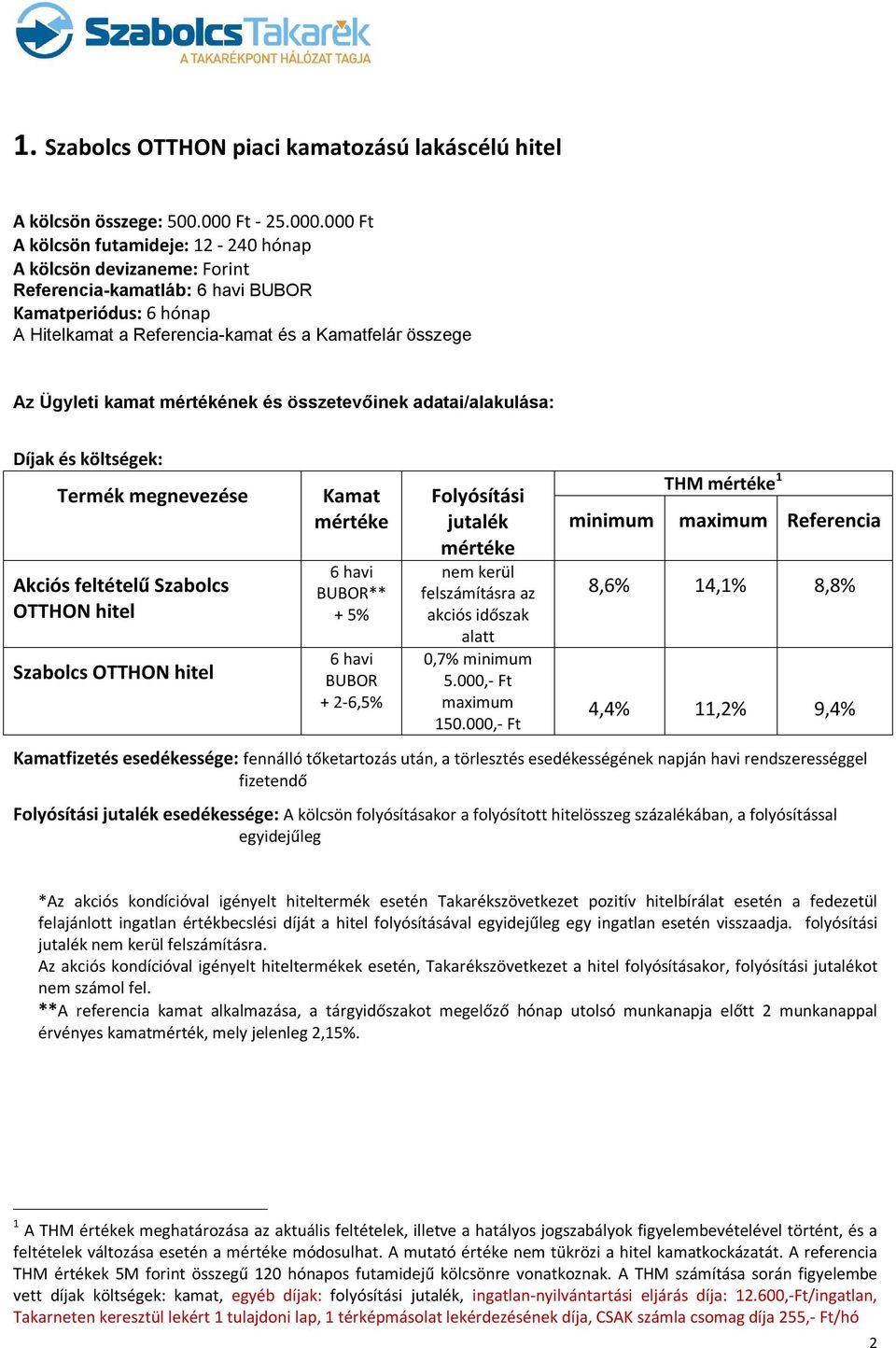 000 Ft A kölcsön futamideje: 12-240 hónap A kölcsön devizaneme: Forint Referencia-kamatláb: 6 havi BUBOR Kamatperiódus: 6 hónap A Hitelkamat a Referencia-kamat és a Kamatfelár összege Az Ügyleti