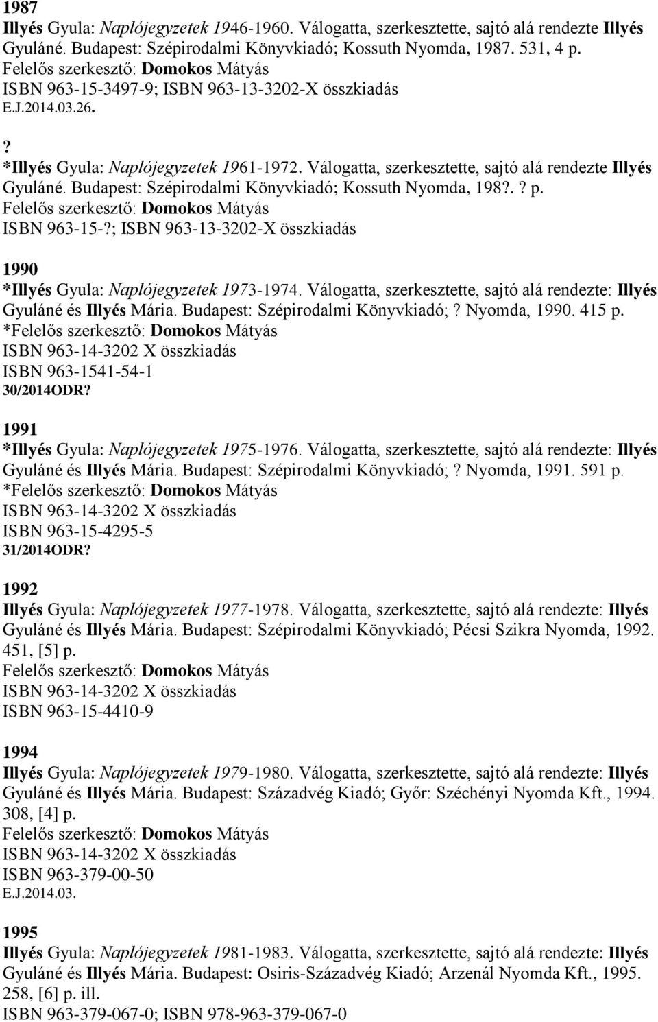 Válogatta, szerkesztette, sajtó alá rendezte Illyés Gyuláné. Budapest: Szépirodalmi Könyvkiadó; Kossuth Nyomda, 198?.? p. Felelős szerkesztő: Domokos Mátyás ISBN 963-15-?