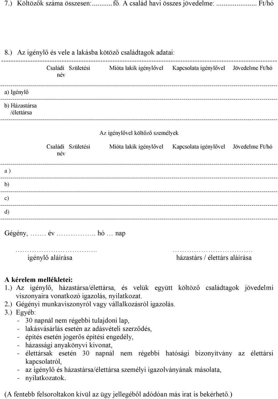 lakik igénylővel Kapcsolata igénylővel Jövedelme Ft/hó név a) Igénylő b) Házastársa /élettársa Az igénylővel költőző személyek Családi Születési Mióta lakik igénylővel Kapcsolata igénylővel Jövedelme