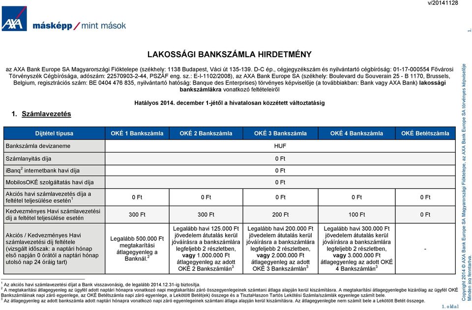 : E-I-1102/2008), az AXA Bank Europe SA (székhely: Boulevard du Souverain 25 - B 1170, Brussels, Belgium, regisztrációs szám: BE 0404 476 835, nyilvántartó hatóság: Banque des Enterprises) törvényes