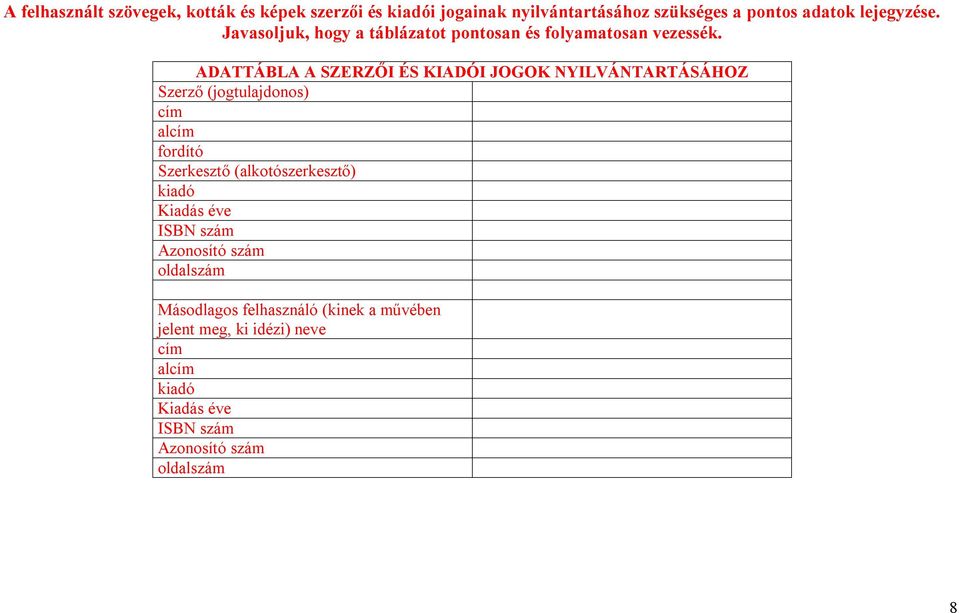 ADATTÁBLA A SZERZŐI ÉS KIADÓI JOGOK NYILVÁNTARTÁSÁHOZ Szerző (jogtulajdonos) cím alcím fordító Szerkesztő