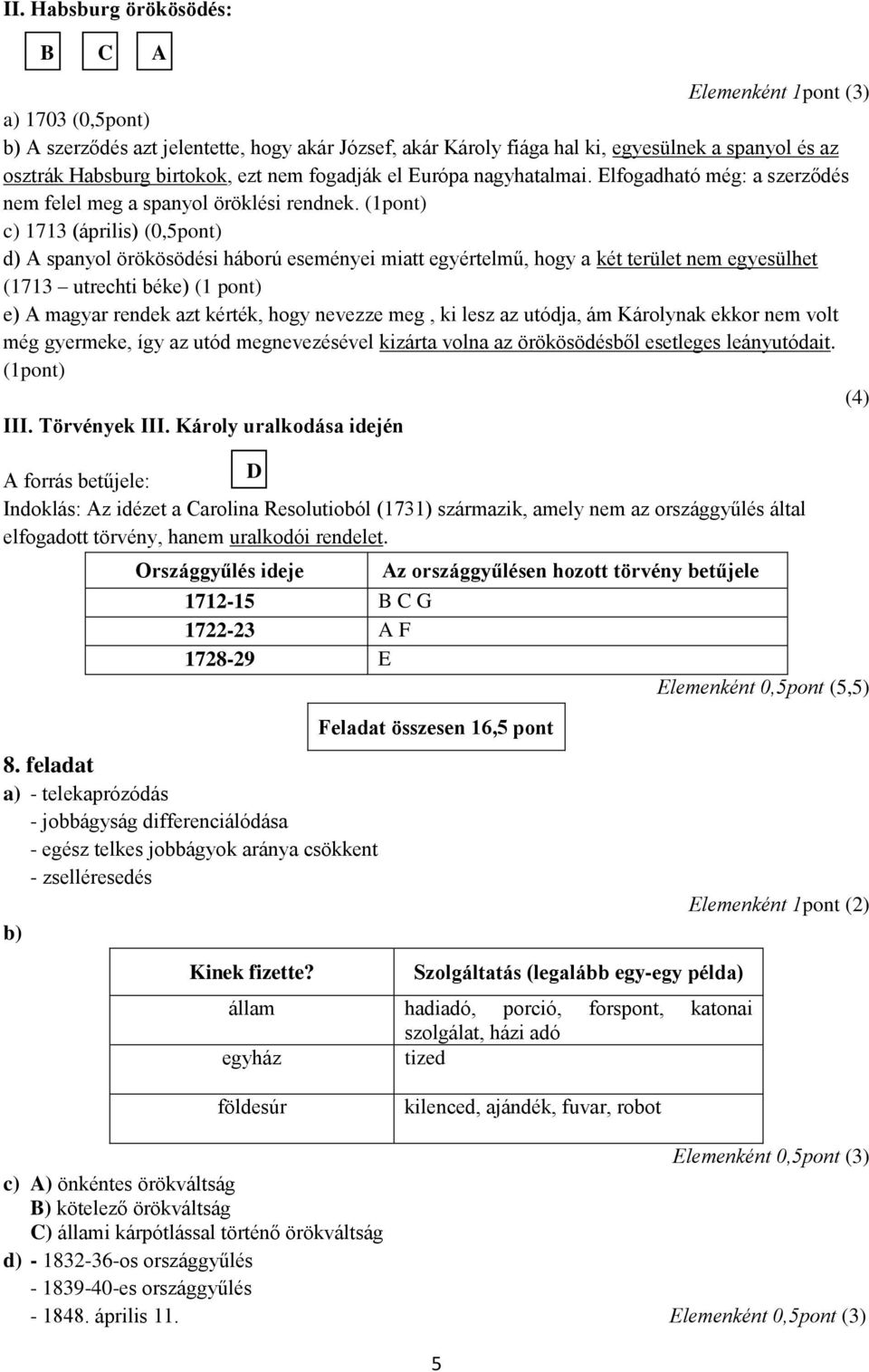 (1pont) c) 1713 (április) (0,5pont) d) A spanyol örökösödési háború eseményei miatt egyértelmű, hogy a két terület nem egyesülhet (1713 utrechti béke) (1 pont) e) A magyar rendek azt kérték, hogy