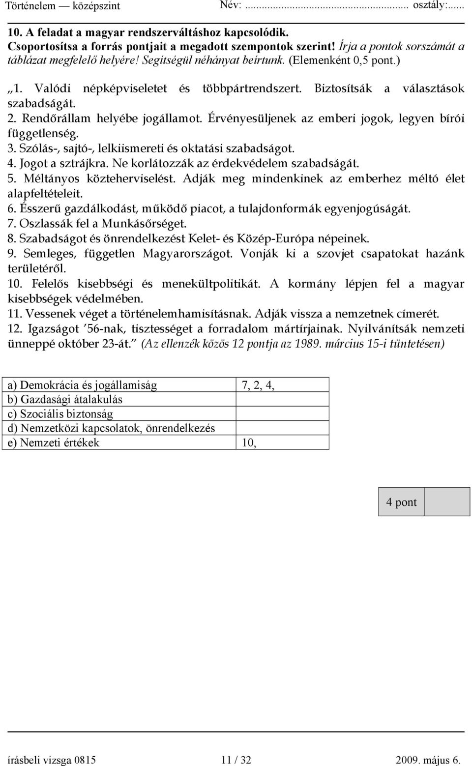 Érvényesüljenek az emberi jogok, legyen bírói függetlenség. 3. Szólás-, sajtó-, lelkiismereti és oktatási szabadságot. 4. Jogot a sztrájkra. Ne korlátozzák az érdekvédelem szabadságát. 5.