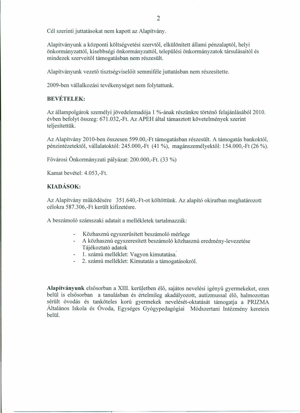 támogatásban nem részesült. Alapítványunk vezető tisztségviselőit semmiféle juttatásban nem részesítette. 2009-ben vállalkozási tevékenységet nem folytattunk.