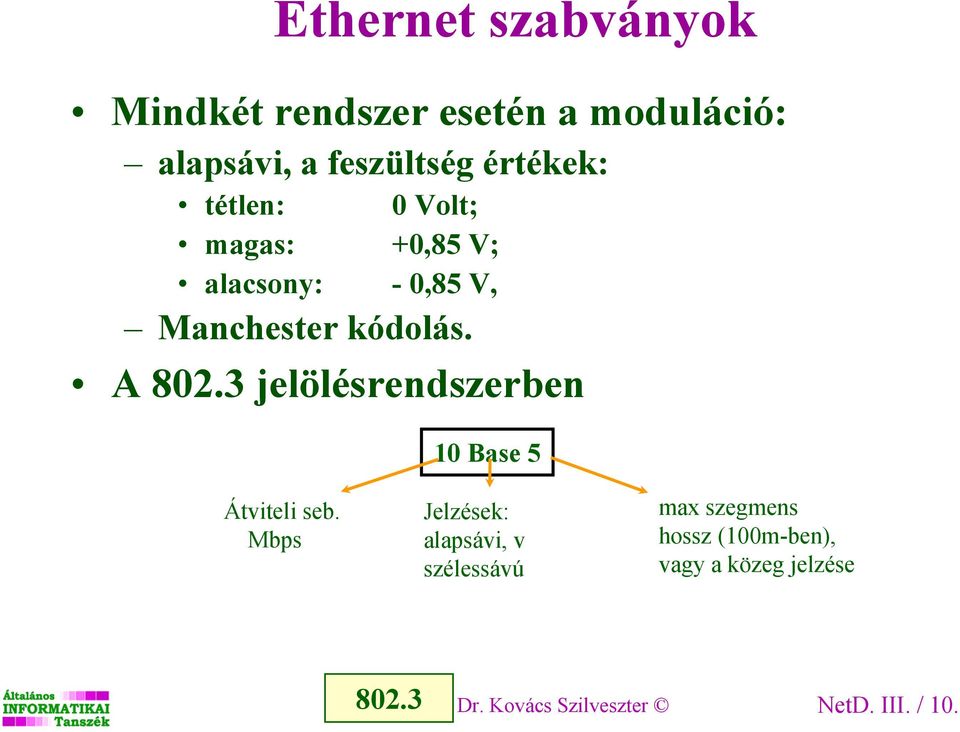 3 jelölésrendszerben 10 Base 5 Átviteli seb.