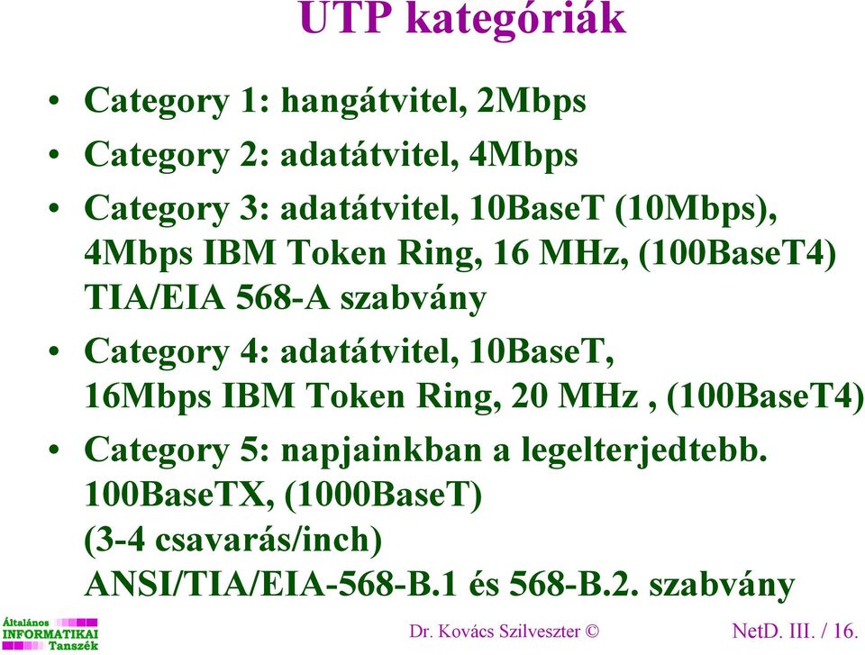 10BaseT, 16Mbps IBM Token Ring, 20 MHz, (100BaseT4) Category 5: napjainkban a legelterjedtebb.