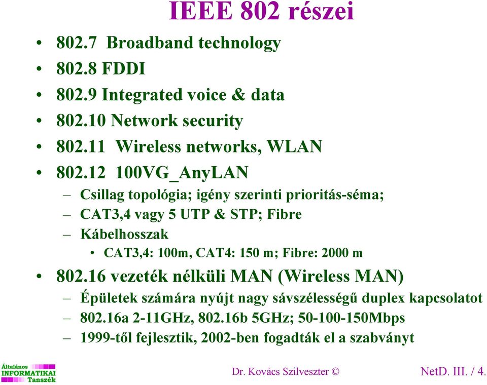 12 100VG_AnyLAN Csillag topológia; igény szerinti prioritás-séma; CAT3,4 vagy 5 UTP & STP; Fibre Kábelhosszak CAT3,4: 100m, CAT4: 150