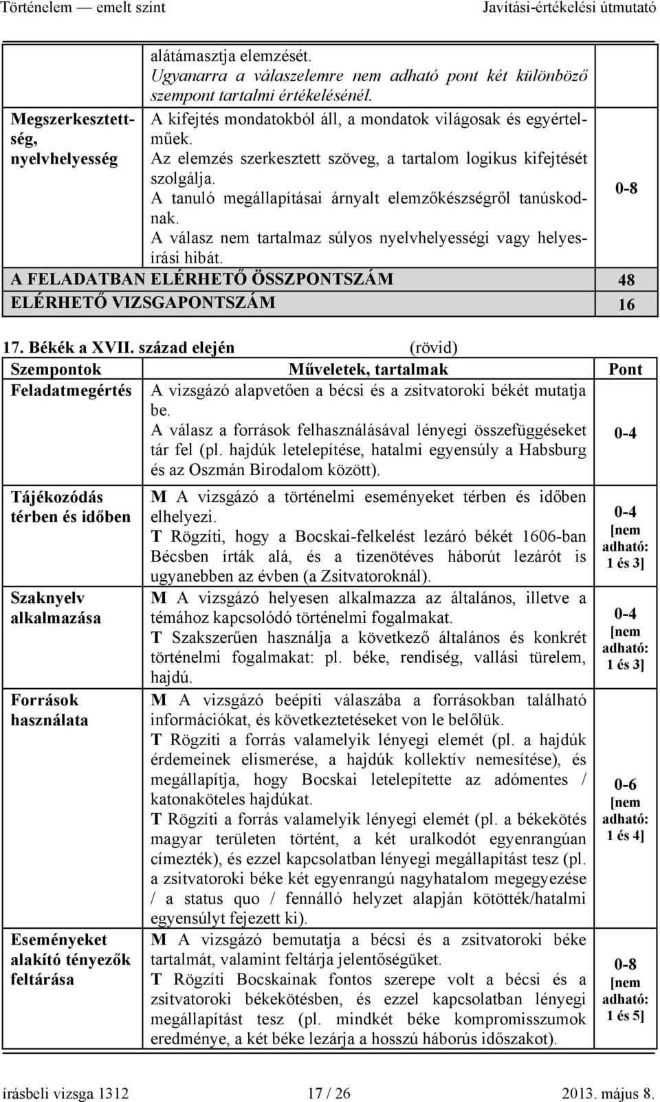 A válasz nem tartalmaz súlyos nyelvhelyességi vagy helyesírási hibát. A FELADATBAN ELÉRHETŐ ÖSSZPONTSZÁM 48 ELÉRHETŐ VIZSGAPONTSZÁM 16 17. Békék a XVII.