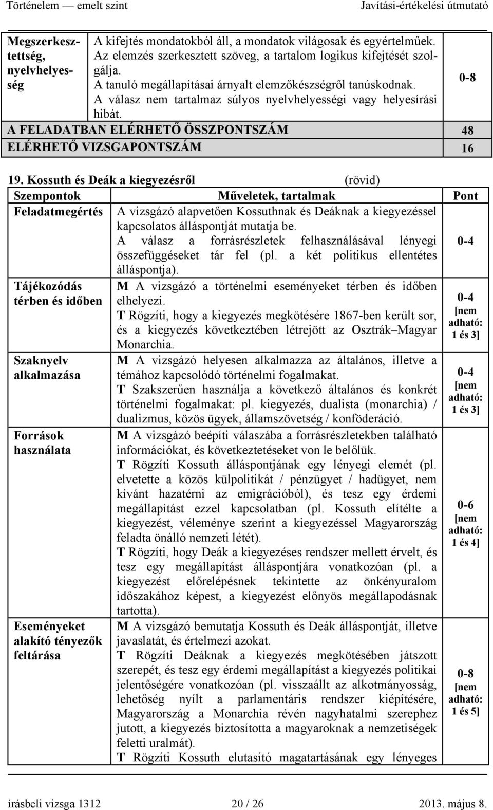 Kossuth és Deák a kiegyezésről (rövid) Szempontok Műveletek, tartalmak Pont Feladatmegértés A vizsgázó alapvetően Kossuthnak és Deáknak a kiegyezéssel kapcsolatos álláspontját mutatja be.