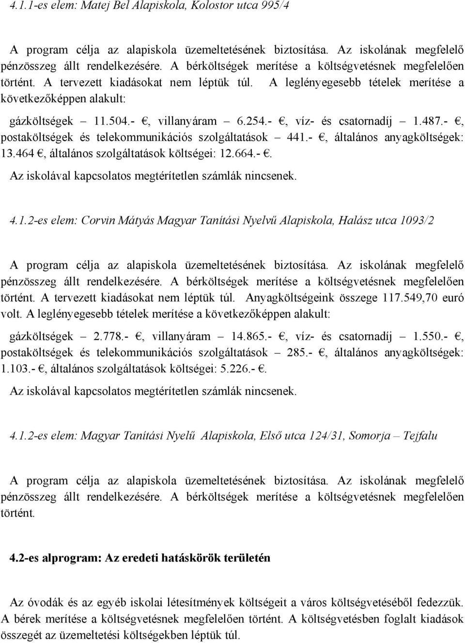 254.-, víz- és csatornadíj 1.487.-, postaköltségek és telekommunikációs szolgáltatások 441.-, általános anyagköltségek: 13.464, általános szolgáltatások költségei: 12.664.-. Az iskolával kapcsolatos megtérítetlen számlák nincsenek.