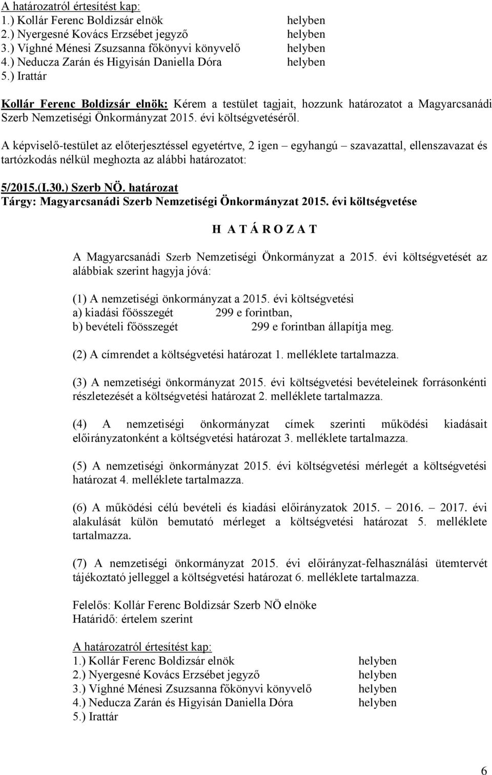 A képviselő-testület az előterjesztéssel egyetértve, 2 igen egyhangú szavazattal, ellenszavazat és tartózkodás nélkül meghozta az alábbi határozatot: 5/2015.(I.30.) Szerb NÖ.