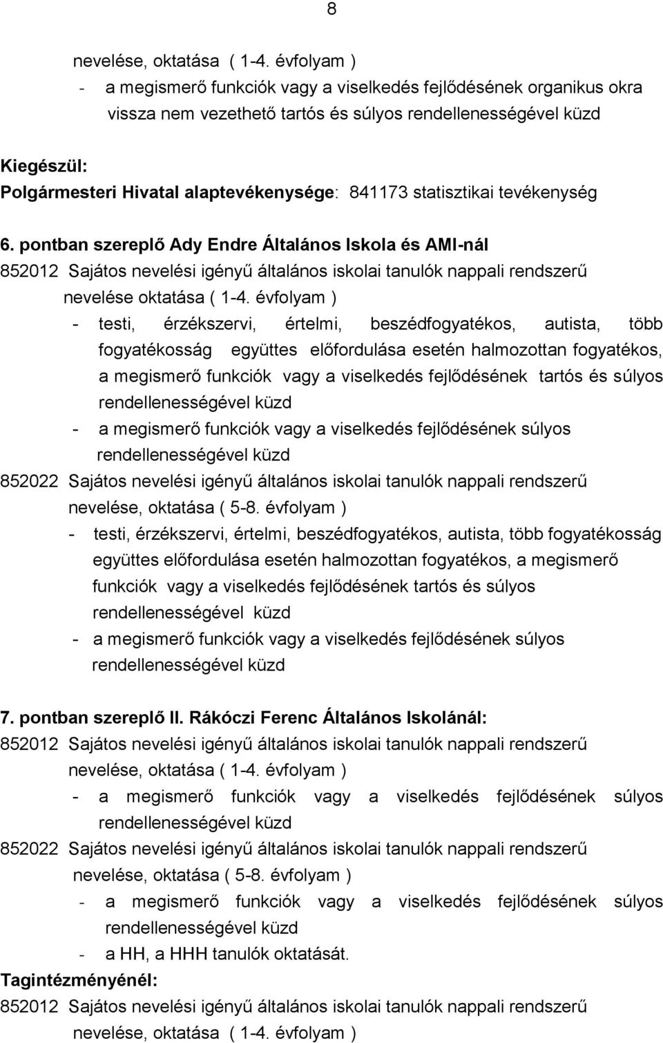 statisztikai tevékenység 6. pontban szereplő Ady Endre Általános Iskola és AMI-nál 852012 Sajátos nevelési igényű általános iskolai tanulók nappali rendszerű nevelése oktatása ( 1-4.