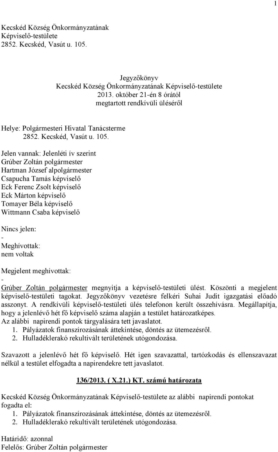 Jelen vannak: Jelenléti ív szerint Grúber Zoltán polgármester Hartman József alpolgármester Csapucha Tamás képviselő Eck Ferenc Zsolt képviselő Eck Márton képviselő Tomayer Béla képviselő Wittmann