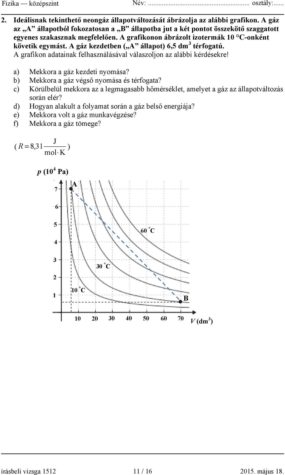 a) Mekkora a gáz kezdeti nyomása? b) Mekkora a gáz végső nyomása és térfogata? c) Körülbelül mekkora az a legmagasabb hőmérséklet, amelyet a gáz az állapotváltozás során elér?