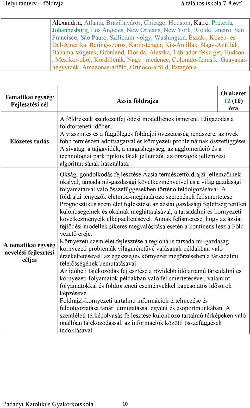 medence, Colorado-fennsík, Guayanaihegyvidék, Amazonas-alföld, Orinoco-alföld, Patagónia Ázsia földrajza 12 (10) óra A földrészek szerkezetfejlődési modelljének ismerete.