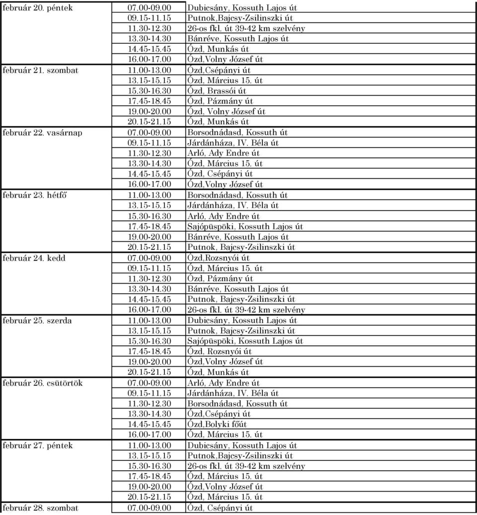 00 Ózd, Volny József út 20.15-21.15 Ózd, Munkás út február 22. vasárnap 07.00-09.00 Borsodnádasd, Kossuth út 09.15-11.15 Járdánháza, IV. Béla út 11.30-12.30 Arló, Ady Endre út 13.30-14.