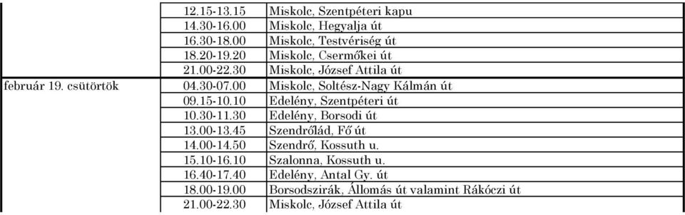 10 Edelény, Szentpéteri út 10.30-11.30 Edelény, Borsodi út 13.00-13.45 Szendrőlád, Fő út 14.00-14.