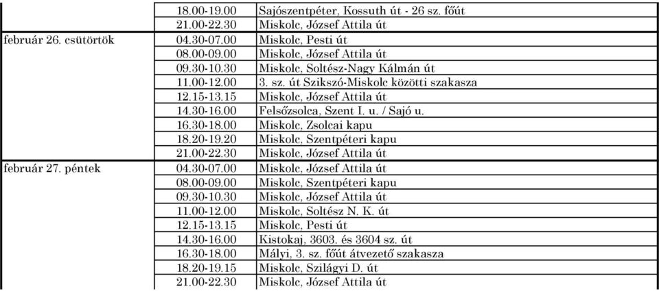 30-18.00 Miskolc, Zsolcai kapu 18.20-19.20 Miskolc, Szentpéteri kapu február 27. péntek 04.30-07.00 Miskolc, József Attila út 08.00-09.00 Miskolc, Szentpéteri kapu 09.30-10.
