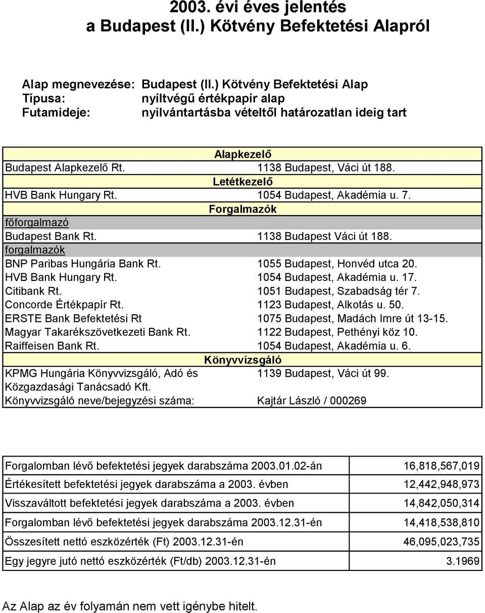 Letétkezelő HVB Bank Hungary Rt. 1054 Budapest, Akadémia u. 7. Forgalmazók főforgalmazó Budapest Bank Rt. 1138 Budapest Váci út 188. forgalmazók BNP Paribas Hungária Bank Rt.