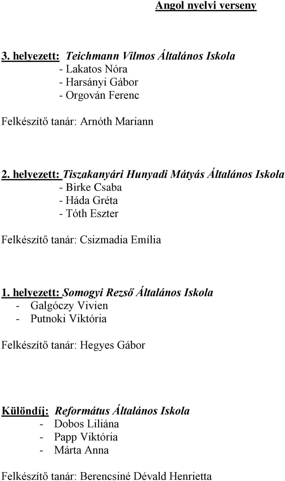 helyezett: Tiszakanyári Hunyadi Mátyás Általános Iskola - Birke Csaba - Háda Gréta - Tóth Eszter Felkészítő tanár: Csizmadia