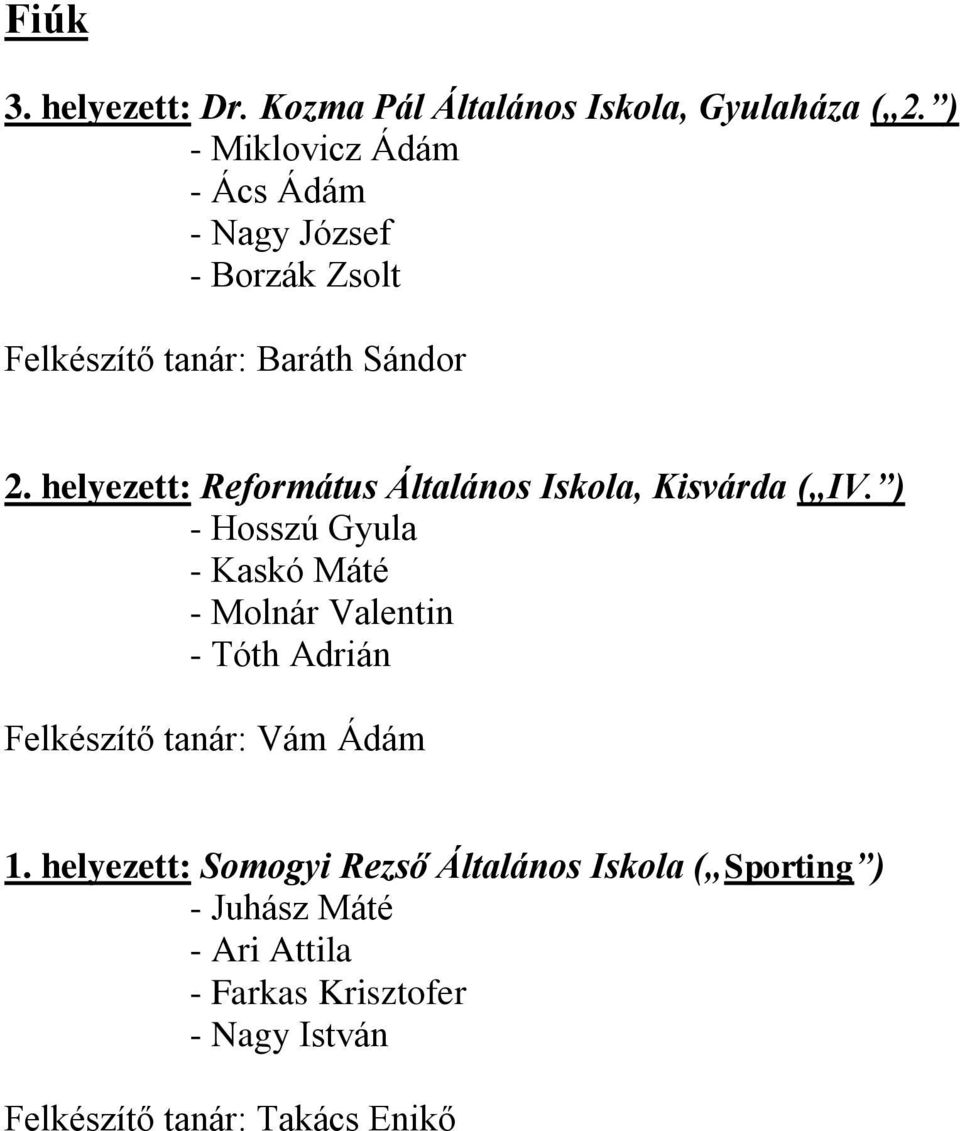 helyezett: Református Általános Iskola, Kisvárda ( IV.