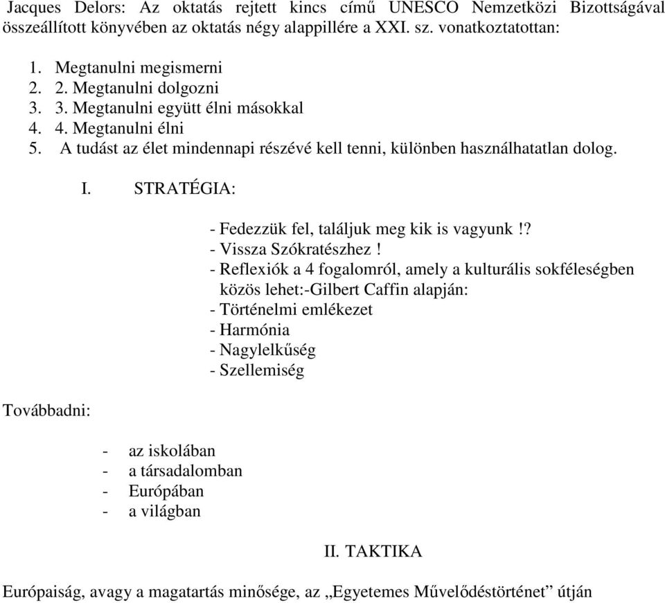 STRATÉGIA: - az iskolában - a társadalomban - Európában - a világban - Fedezzük fel, találjuk meg kik is vagyunk!? - Vissza Szókratészhez!