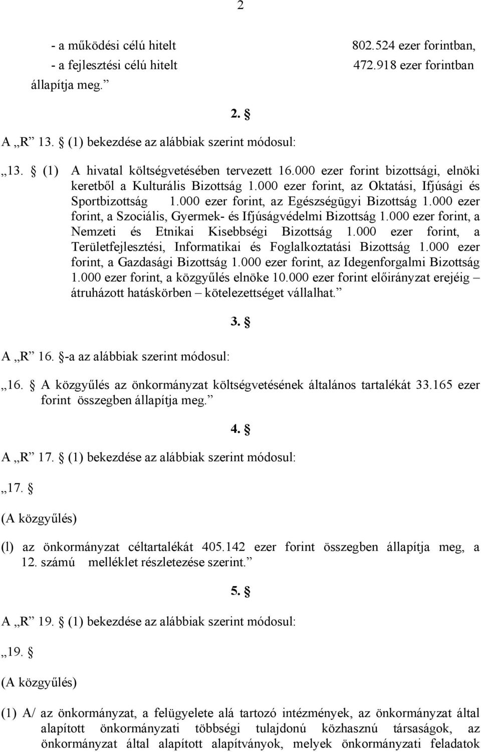 000 ezer forint, az Egészségügyi Bizottság 1.000 ezer forint, a Szociális, Gyermek- és Ifjúságvédelmi Bizottság 1.000 ezer forint, a Nemzeti és Etnikai Kisebbségi Bizottság 1.