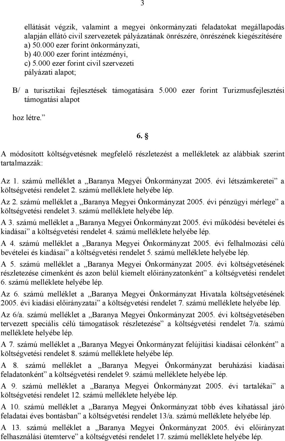 000 ezer forint Turizmusfejlesztési támogatási alapot hoz létre. 6. A költségvetésnek megfelelő részletezést a mellékletek az alábbiak szerint tartalmazzák: Az 1.