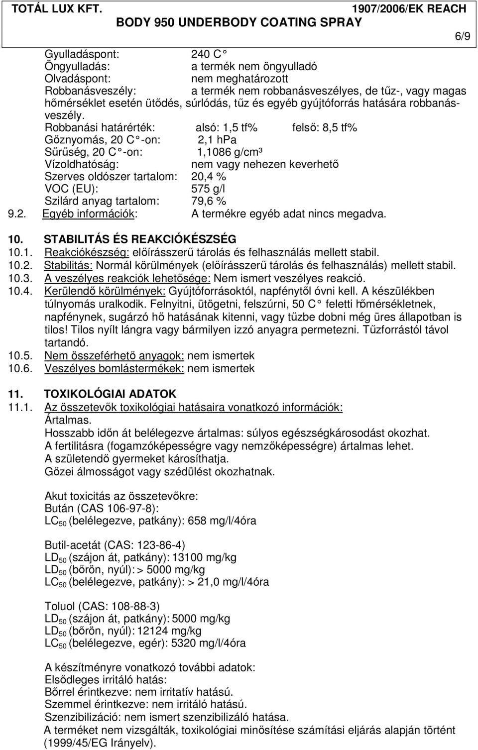 Robbanási határérték: alsó: 1,5 tf% felső: 8,5 tf% Gőznyomás, 20 C -on: 2,1 hpa Sűrűség, 20 C -on: 1,1086 g/cm³ Vízoldhatóság: nem vagy nehezen keverhető Szerves oldószer tartalom: 20,4 % VOC (EU):