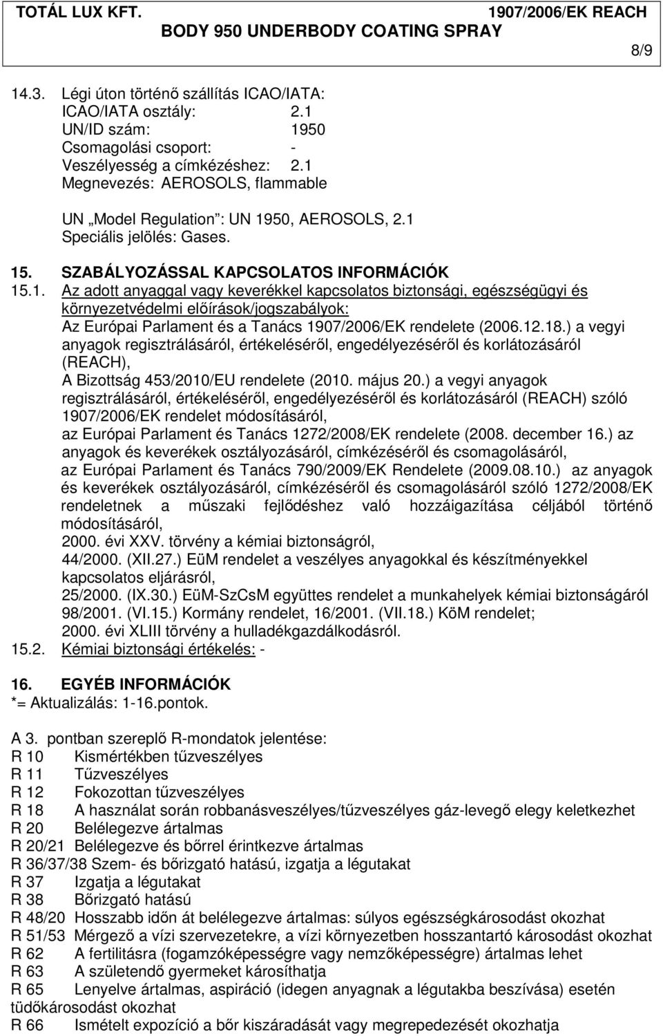 12.18.) a vegyi anyagok regisztrálásáról, értékeléséről, engedélyezéséről és korlátozásáról (REACH), A Bizottság 453/2010/EU rendelete (2010. május 20.