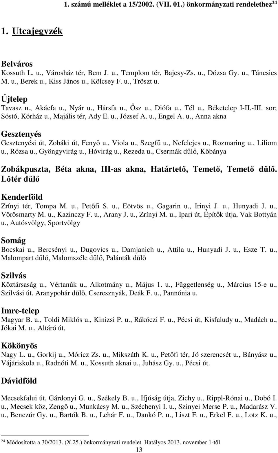 u., Anna akna Gesztenyés Gesztenyési út, Zobáki út, Fenyő u., Viola u., Szegfű u., Nefelejcs u., Rozmaring u., Liliom u., Rózsa u., Gyöngyvirág u., Hóvirág u., Rezeda u.