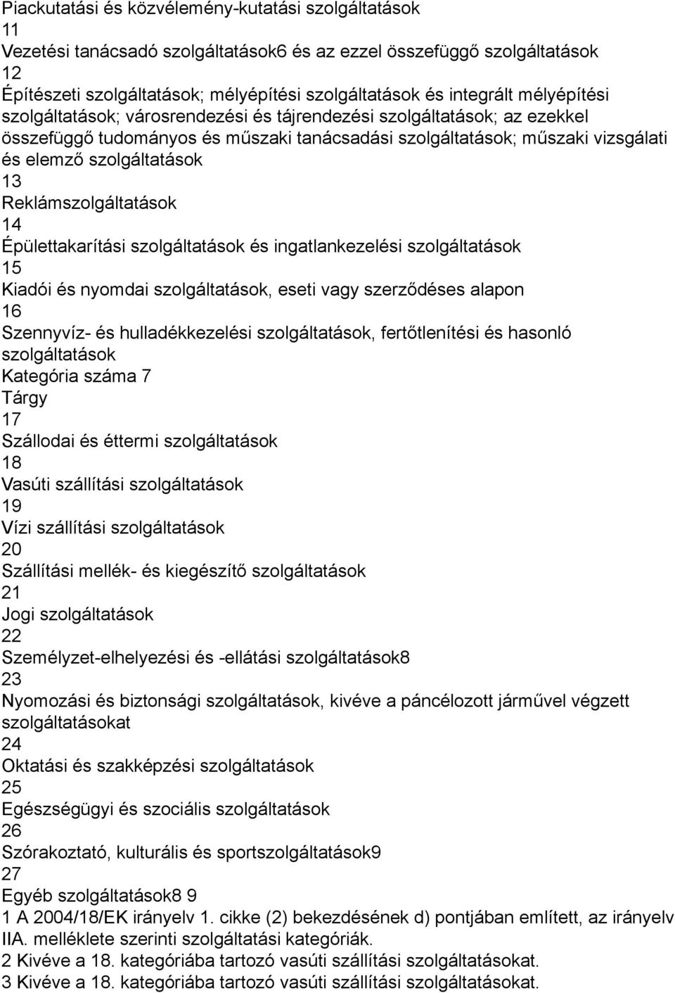 Reklámszolgáltatások 14 Épülettakarítási szolgáltatások és ingatlankezelési szolgáltatások 15 Kiadói és nyomdai szolgáltatások, eseti vagy szerződéses alapon 16 Szennyvíz- és hulladékkezelési