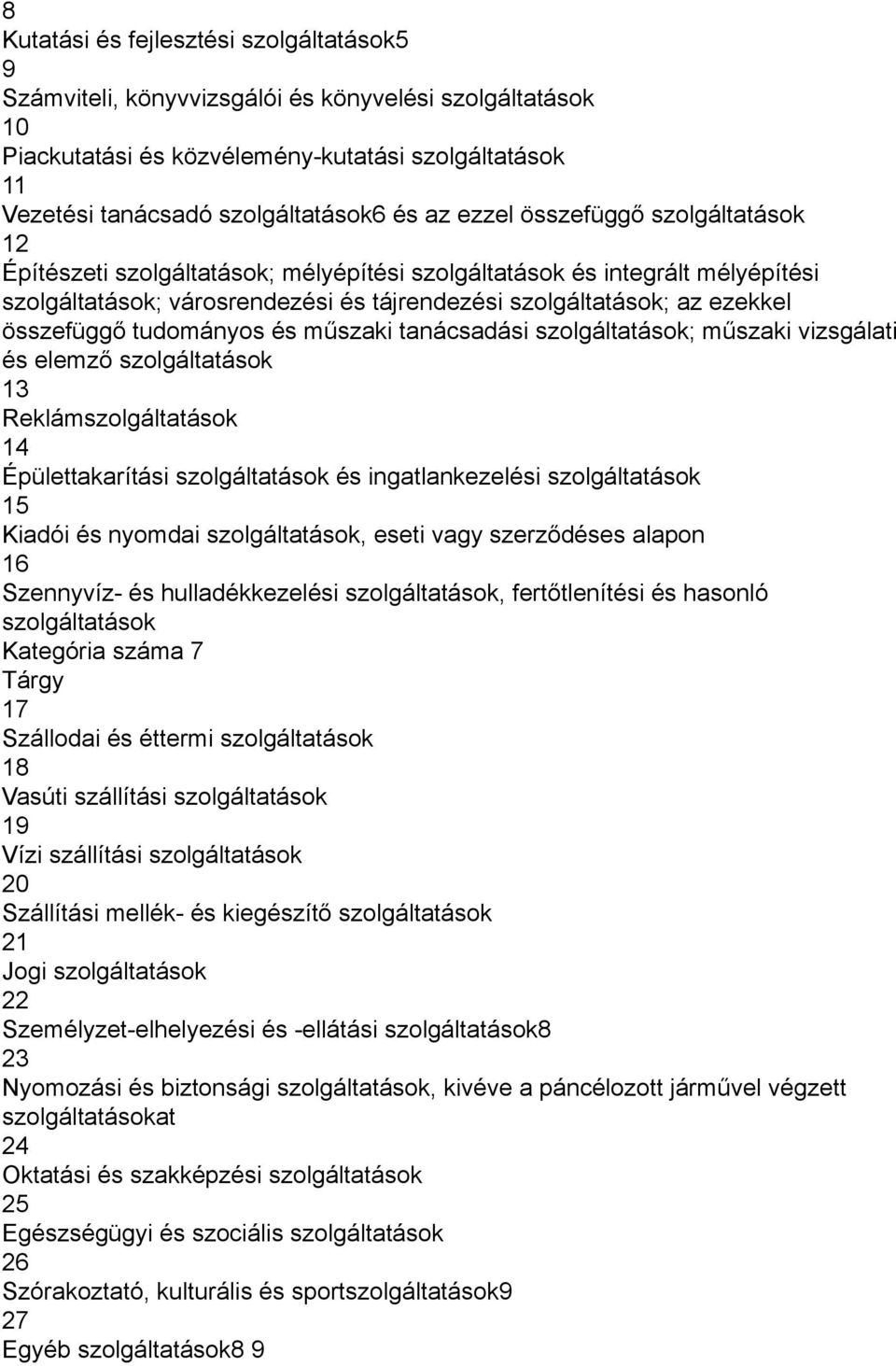 tudományos és műszaki tanácsadási szolgáltatások; műszaki vizsgálati és elemző szolgáltatások 13 Reklámszolgáltatások 14 Épülettakarítási szolgáltatások és ingatlankezelési szolgáltatások 15 Kiadói