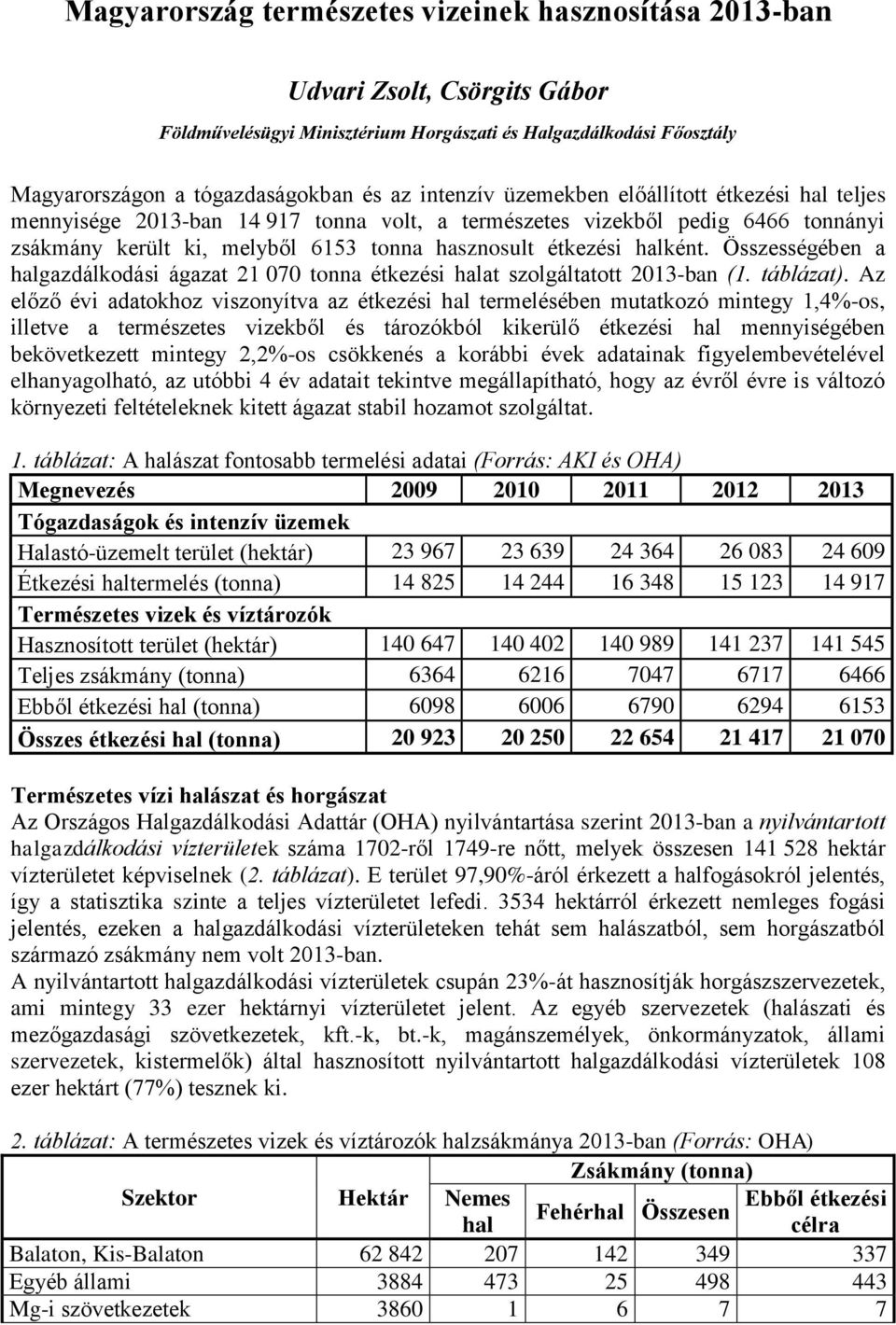 Összességében a halgazdálkodási ágazat 21 070 tonna étkezési halat szolgáltatott 2013-ban (1. táblázat).