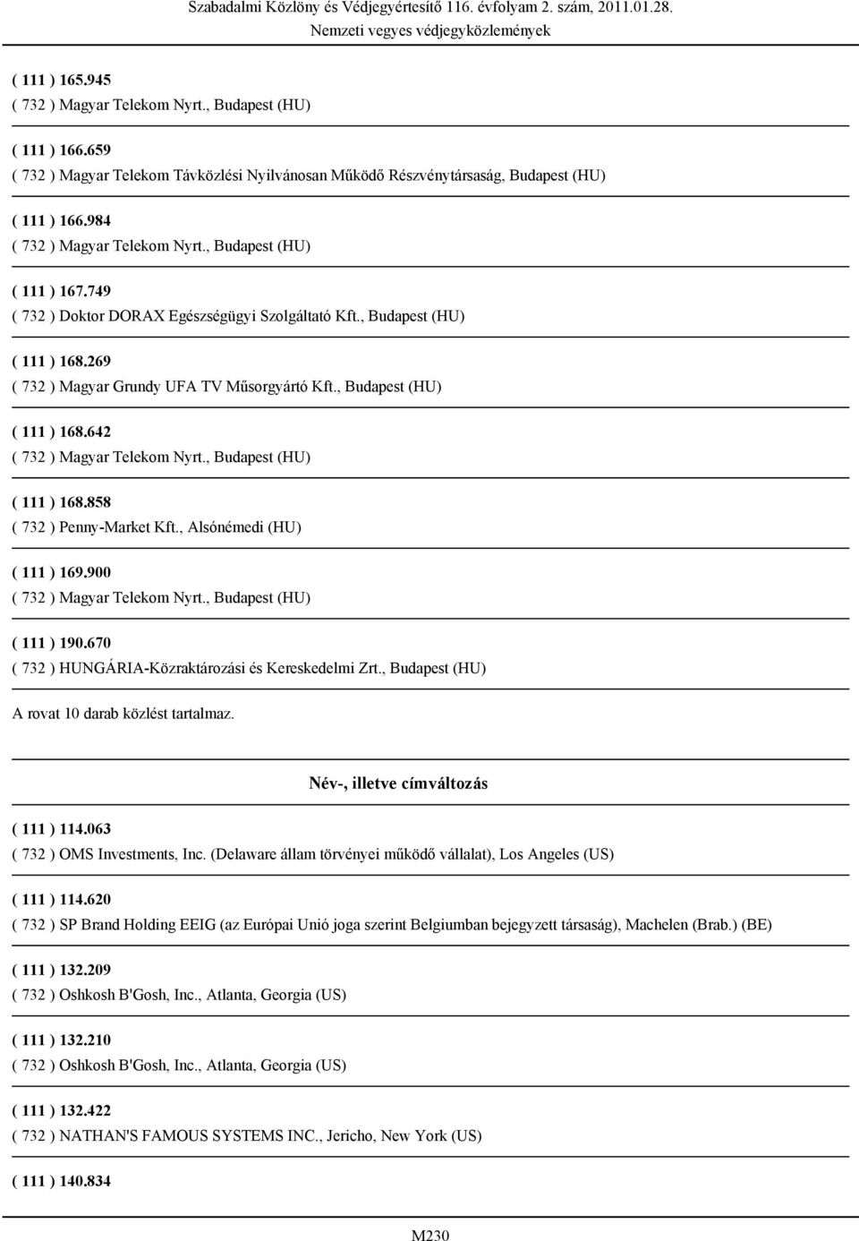 670 ( 732 ) HUNGÁRIA-Közraktározási és Kereskedelmi Zrt., Budapest (HU) A rovat 10 darab közlést tartalmaz. Név-, illetve címváltozás ( 111 ) 114.063 ( 732 ) OMS Investments, Inc.