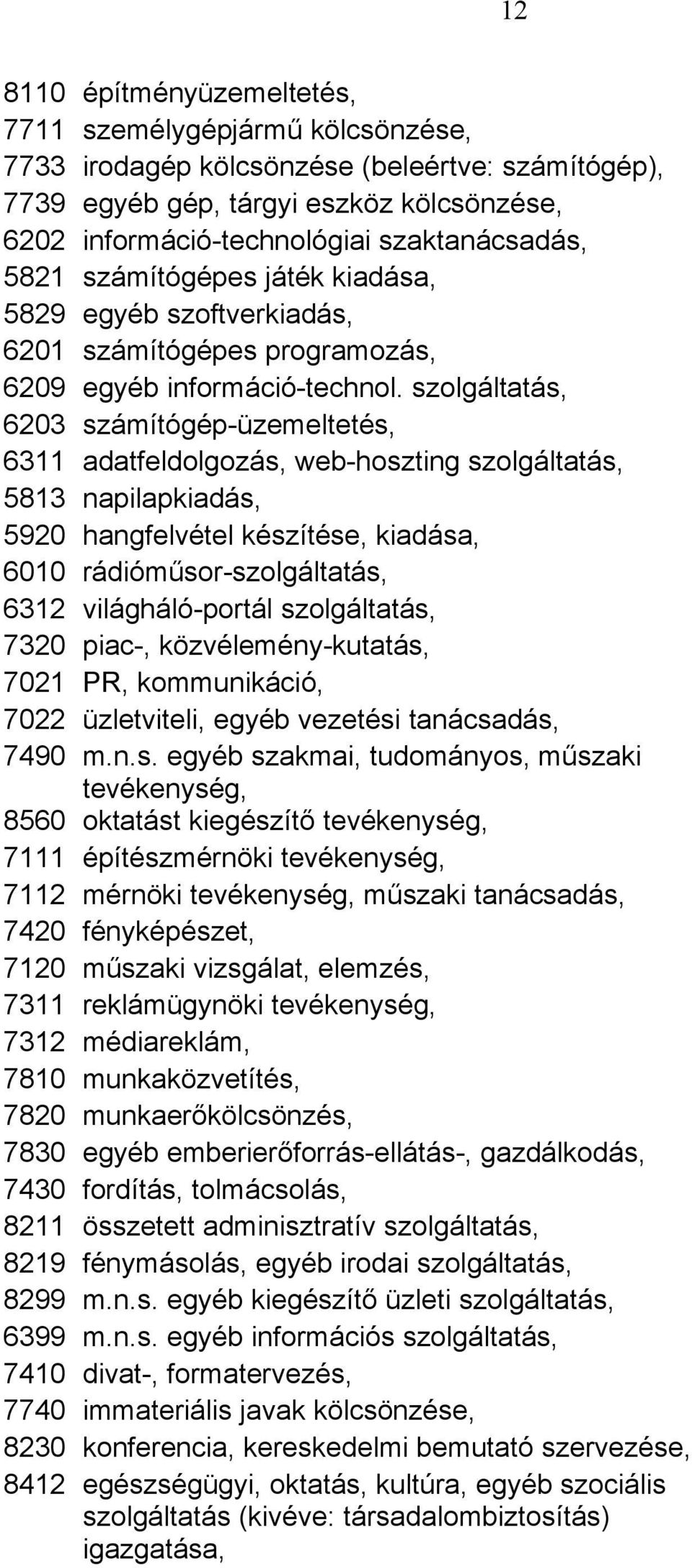 szolgáltatás, 6203 számítógép-üzemeltetés, 6311 adatfeldolgozás, web-hoszting szolgáltatás, 5813 napilapkiadás, 5920 hangfelvétel készítése, kiadása, 6010 rádióműsor-szolgáltatás, 6312